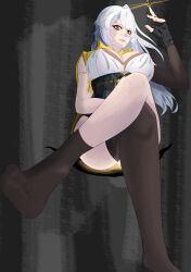 Rule 34 | 1girl, absurdres, black gloves, black thighhighs, breasts, cropped jacket, crossed legs, dark background, energy ball, feet, from below, gloves, high-waist shorts, highres, huge breasts, kinkandink, looking at viewer, shorts, sitting on throne, thighhighs, thighs, white hair, yellow eyes, yixuan (zenless zone zero), zenless zone zero