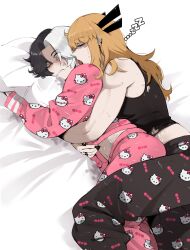 2girls absurdres anger_vein biceps bite_mark bite_mark_on_stomach black_hair blonde_hair character_print clothes_lift constricted_pupils crop_top hello_kitty hello_kitty_(character) highres hug implied_after_sex licking licking_another&#039;s_neck luna_snow magik_(x-men) marvel marvel_rivals masoq multicolored_hair multiple_girls muscular muscular_female one_eye_closed pajamas pillow pink_pajamas sanrio shirt_lift sleeping split-color_hair spooning sweat tank_top very_sweaty white_hair x-men yuri zzz