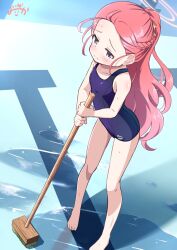 1girl ahoge barefoot blue_archive blue_eyes blue_one-piece_swimsuit braid cleaning_brush empty_pool forehead full_body half_up_braid halo highres inakami long_hair one-piece_swimsuit orange_halo ponytail pool puddle red_hair school_swimsuit solo standing swimsuit yuzu_(blue_archive)