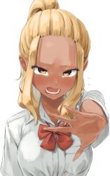 Rule 34 | 1girl, blonde hair, collared shirt, dark skin, embarrassed, fingernails, forehead, gyaru, highres, ichinose karina, long fingernails, looking at viewer, manemane nichinichi, mocha kichi, open mouth, ponytail, school uniform, shirt, sidelocks, solo, white background, white shirt