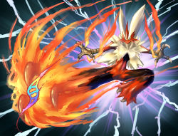 beak blaziken blue_eyes claws fire foreshortening furry gen_3_pokemon highres kicking mega_blaziken mega_evolution_symbol mega_pokemon nintendo pokemon pokemon_(creature) solo tesshii_(riza4828)