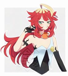 Rule 34 | 1girl, ahoge, alternate hair length, alternate hairstyle, armband, black armband, black gloves, blonde hair, blush, closed mouth, collar, commentary request, eyelashes, fingerless gloves, gloves, green eyes, hand up, highres, jewelry, long hair, mela (pokemon), nintendo, ohn pkmn, orange collar, pokemon, pokemon sv, red hair, ring, single strap, solo, upper body, vest, watermark, white vest