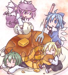 4girls ^_^ antennae bad_id bad_pixiv_id blonde_hair blue_hair butter canada cirno closed_eyes eating food green_hair hair_ribbon in_food maple_syrup mini_person minigirl multiple_girls mystia_lorelei oversized_object pancake pink_eyes pink_hair plate ribbon rumia short_hair sitting syrup takanoru team_9_(touhou) touhou wings wriggle_nightbug
