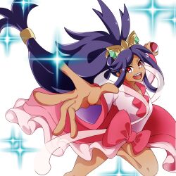 1girl absurdres ahoge artist_request bare_legs big_hair child clenched_hand dark-skinned_female dark_skin dress eyelashes feet_up female_focus flat_chest floating_hair happy highres holding holding_poke_ball iris_(pokemon) knees legs long_dress long_hair long_sleeves looking_at_viewer low-tied_long_hair neck nintendo official_alternate_costume official_alternate_hairstyle open_clothes open_hand open_mouth open_skirt outstretched_arms pink_dress poke_ball pokemon pokemon_bw2 ponytail purple_hair reaching reaching_towards_viewer red_eyes sidelocks_tied_back skirt sparkle standing standing_on_one_leg thighs tiara v-neck very_long_hair white_background wide_sleeves