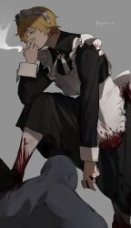 1boy absurdres apron black_dress black_shoes blonde_hair blood blood_on_clothes blue_eyes captain_morgan_pose cigarette crossdressing crossdressing_(mtf) curly_eyebrows dress facial_hair goatee grey_background highres long_sleeves maid maid_headdress male_focus male_maid one_piece pantyhose sanji_(one_piece) shoes short_hair simple_background smoke smoking solo torn_clothes torn_pantyhose twitter_username white_apron white_pantyhose ynnn_m