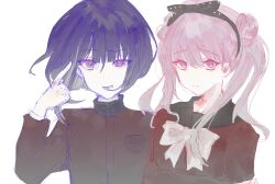 Rule 34 | 1boy, 1girl, black hairband, black headband, brother and sister, closed mouth, hair between eyes, hairband, hand up, headband, highres, long hair, looking at viewer, matching hair/eyes, open mouth, pink eyes, pink hair, siblings, the hundred line -last defense academy-, tsukumo ima, tsukumo kako, twins, twintails, upper body, white background