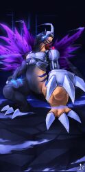 Rule 34 | black background, black scales, blue eyes, claw (weapon), cyborg, digimon, digimon (creature), gamr1p, godzilla (series), highres, mechanical arms, metalgreymon, metalgreymon g erosion mode, orange scales, purple wings, simple background, single mechanical arm, standing, torn wings, weapon, wings
