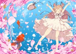 1girl ^_^ arms_up bare_arms bare_legs barefoot beret black_ribbon blue_sky blunt_bangs bow brown_hair buttons center_frills cherry_blossoms closed_eyes cloud commentary_request day dot_nose dress eyelashes feet fish floating_clothes floating_hair flower flying_fish frilled_dress frills full_body goldfish hair_flower hair_ornament hair_ribbon happy hat hat_loss hat_ribbon light_blush long_hair medium_dress neck_ribbon open_mouth original outdoors palms petals pink_flower pleated_dress puffy_short_sleeves puffy_sleeves ribbon short_sleeves sky smile solo spring_(season) teeth toenails toes two_side_up umino_mizu upper_teeth_only very_long_hair waist_bow white_bow white_dress white_hat