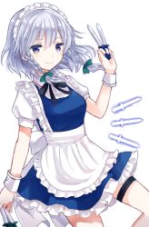 1girl apron between_fingers black_ribbon blue_dress blue_eyes bow braid breasts commentary_request cowboy_shot dress female_focus frilled_apron frills green_bow hair_between_eyes hair_bow hand_up holding holding_knife holding_weapon izayoi_sakuya knife knives_between_fingers looking_at_viewer maid maid_apron maid_headdress medium_breasts neck_ribbon petticoat puffy_short_sleeves puffy_sleeves ribbon sayuki shirt short_hair short_sleeves silver_hair simple_background smile solo thigh_strap thighs touhou twin_braids waist_apron weapon white_apron white_background white_shirt wrist_cuffs