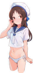 1girl 3: ataruman bare_arms beret blue_sailor_collar brown_eyes brown_hair commentary_request cowboy_shot cropped_legs hat highres idolmaster idolmaster_cinderella_girls idolmaster_cinderella_girls_u149 long_hair looking_at_viewer navel no_pants paid_reward_available panties sailor_collar shirt short_sleeves side-tie_panties simple_background solo tachibana_arisu underwear white_background white_hat white_panties white_shirt