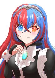 1girl apron bib_collar black_bridal_gauntlets black_dress blue_eyes blue_hair blush braid breasts bridal_gauntlets cosplay crossed_bangs crown_braid dress ell_0314 felicia_(fire_emblem) felicia_(fire_emblem)_(cosplay) female_alear_(fire_emblem) fire_emblem fire_emblem_engage gem hair_between_eyes hand_on_own_chest heterochromia highres juliet_sleeves long_hair long_sleeves looking_at_viewer maid maid_apron medium_breasts multicolored_hair nintendo nohrian_maid_uniform portrait puffy_sleeves red_eyes red_hair smile solo split-color_hair tiara two-tone_hair very_long_hair white_background