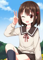1girl ;d black_socks blue_sky blush bow brown_hair brown_sailor_collar brown_shirt brown_skirt collarbone commentary_request day hair_bow hanawa_kaoru hand_up highres kneehighs long_sleeves looking_at_viewer neck_ribbon one_eye_closed open_mouth outdoors red_bow red_ribbon ribbon ruu_(tksymkw) sailor_collar shirt short_hair sitting skirt sky smile socks solo tamayura v