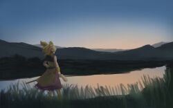 Rule 34 | 1girl, blonde hair, blue sky, brown shirt, clear sky, commentary request, earmuffs, feet out of frame, grass, lake, looking afar, mountainous horizon, outdoors, purple skirt, ritsuzou, shirt, short hair, skirt, sky, sleeveless, sleeveless shirt, solo, standing, sunrise, touhou, toyosatomimi no miko