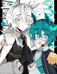 2boys absurdres animal_ears black_gloves black_necktie blue_eyes blue_hair blush bright_pupils cyan_(horse_race_tests) glasses gloves grey_eyes heart highres horns horse_boy horse_ears horse_race_tests long_hair long_sleeves male_focus mangolord multiple_boys necktie rectangular_eyewear semi-rimless_eyewear short_hair single_horn superstitional_realism under-rim_eyewear white_hair white_pupils