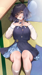 1girl blue_ribbon blue_skirt blue_vest blush breasts collared_shirt commentary_request dress_shirt flower gakuen_idolmaster hair_flower hair_ornament hataya_misuzu hatsuboshi_gakuen_school_uniform highres idolmaster indoors large_breasts long_sleeves looking_at_viewer lying mk_(mod0) mole mole_under_mouth neck_ribbon on_back open_mouth overskirt pleated_skirt purple_hair ribbon school_uniform shirt short_hair skirt socks solo sweat vest white_shirt white_socks