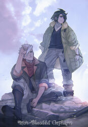 2boys black_footwear black_hair black_shirt blue_eyes boots bracelet brown_eyes cloud collarbone copyright_name frown green_jacket grey_hair gundam gundam_tekketsu_no_orphans hair_behind_ear jacket jewelry looking_up maeshima_shigeki male_focus mikazuki_augus multiple_boys orange_scarf orga_itsuka scarf shirt sky standing