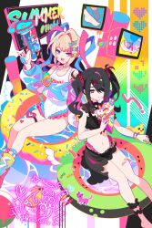 2girls :d ame-chan_(needy_girl_overdose) bad_source ball bandaid bandaid_on_leg beachball bikini black_bikini black_eyes black_hair black_sarong blonde_hair blue_eyes blue_hair blue_shirt candy_hair_ornament chouzetsusaikawa_tenshi-chan dual_persona food food-themed_hair_ornament frilled_bikini frills hair_ornament hair_over_one_eye hairclip heart heart_o-ring highres holding holding_food holding_ice_cream holding_water_gun ice_cream ideolo innertube long_hair multiple_girls navel needy_girl_overdose o-ring o-ring_thigh_strap one-piece_swimsuit open_mouth pien_cat_(needy_girl_overdose) pink_hair quad_tails rubber_duck sarong see-through_clothes see-through_shirt shirt smile swim_ring swimsuit thigh_strap twintails very_long_hair water_gun white_one-piece_swimsuit