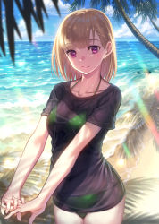 1girl black_dress black_shirt blonde_hair bra breasts cleavage closed_mouth cloud cloudy_sky coconut_tree dress green_bra green_panties highres holding holding_hands kamome_yuu light_rays looking_at_viewer medium_breasts medium_hair ocean original palm_tree panties purple_eyes scenery see-through_clothes shadow shirt sky solo summer swimsuit thighhighs tree underwear waves