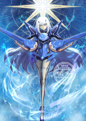Rule 34 | 152 in can, 1girl, armor, armored dress, blue armor, blue dress, blue thighhighs, breastplate, breasts, dress, fairy sword arondight, fate/grand order, fate (series), faulds, forked eyebrows, full body, highres, long hair, looking at viewer, melusine (fate), melusine (first ascension) (fate), pauldrons, short dress, shoulder armor, sidelocks, small breasts, smile, solo, thighhighs, white hair, yellow eyes
