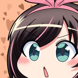 1girl :o aqua_eyes black_hair brown_background close-up commentary_request eyes_visible_through_hair hairband heart heart_background highres kizuna_ai kizuna_ai_inc. mikazuki_neko multicolored_hair open_mouth pink_hair pink_hairband solo streaked_hair twintails virtual_youtuber