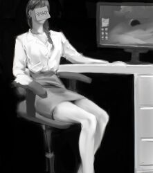 Rule 34 | 1girl, armrest, black background, braid, censored, censored identity, chair, computer, crossed ankles, facing viewer, feet out of frame, grey hair, grey skirt, greyscale, hand on table, highres, korean text, long hair, macaronijail, monitor, monochrome, office chair, office lady, omniscient reader&#039;s viewpoint, shirt, single braid, skirt, solo, sticky note, swivel chair, white shirt, yoo sangah