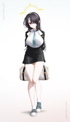 1girl absurdres black_hair black_jacket black_skirt blue_archive breasts bucho_sama hair_over_one_eye halo highres hinata_(blue_archive) jacket large_breasts red_eyes school_uniform shirt sisterhood_(blue_archive) skirt socks thighs white_shirt white_socks yellow_halo