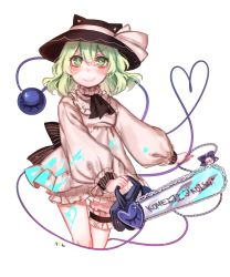 Rule 34 | ascot, bell, black hat, blue bow, blush, bow, chainsaw, character name, commentary request, cowboy shot, cropped legs, dress, frilled thigh strap, green eyes, green hair, hat, hat ribbon, hat with ears, heart, heart of string, highres, jingle bell, komeiji koishi, long sleeves, looking at viewer, puffy long sleeves, puffy sleeves, ribbon, simple background, smile, solo, thigh cuffs, thigh strap, tis (shan0x0shan), touhou, white background, white dress, white ribbon