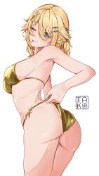 1girl ;p absurdres adjusting_clothes adjusting_swimsuit ass bikini blonde_hair blue_eyes breasts cowboy_shot gold_bikini hair_ornament hairclip highres kaneko_lumi looking_back medium_breasts one_eye_closed phase_connect simple_background solo swimsuit takoroki tongue tongue_out virtual_youtuber white_background