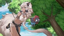 1girl absurdly_long_hair animal animal_ears anna_(tate_no_yuusha_no_nariagari) arms_behind_back bandana black_boots black_ears black_hair blue_eyes blue_shorts blue_sky blurry blurry_background boots bound breasts buck_teeth cleavage cleavage_cutout closed_mouth clothed_animal clothing_cutout crop_top dark-skinned_female dark_skin day fur-trimmed_boots fur_trim game_cg gradient_hair grey_hair high_ponytail labo_(tate_no_yuusha_no_nariagari) long_hair medium_breasts midriff mole multicolored_hair navel non-web_source o_o official_art outdoors pelvic_curtain ponytail red_bandana shorts side_slit single_tear sky stomach suspension tate_no_yuusha_no_nariagari tate_no_yuusha_no_nariagari_rise teeth tied_up_(nonsexual) tree very_long_hair white_shorts