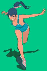1girl artist_name black_eyes black_hair blue_overalls breasts cacn collarbone full_body green_background grin highres long_hair naked_overalls no_bra original overalls ponytail running shadow shoe_soles shoes simple_background smile sneakers solo
