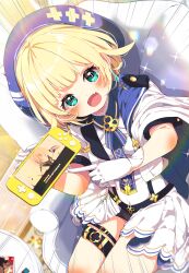 1girl :d absurdres aqua_eyes beret black_shorts blonde_hair blue_necktie blush chair commission couch emphasis_lines fang gloves green_eyes handheld_game_console hat highres holding holding_handheld_game_console jacket looking_at_viewer necktie nintendo_switch open_mouth original playing_games pleated_skirt pointing ryouki_chaki shiro9jira shirt short_hair short_sleeves shorts sitting skeb_commission skin_fang skirt smile solo thigh_strap virtual_youtuber white_gloves white_jacket white_shirt white_skirt