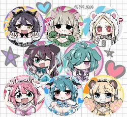Rule 34 | 6+girls, ?, @ @, ahoge, akoya matama, an sin, anemo nemo, animal ears, animal hands, araga kiwi, armpits, bear ears, black hair, blonde hair, blue eyes, bow, brown eyes, cat ears, cow ears, cow horns, dog ears, fang, flustered, flying sweatdrops, gloves, grid background, grin, hair bow, hair over one eye, hanabishi haruka, heart, highres, hiiragi utena, horns, looking at viewer, mahou shoujo ni akogarete, medium hair, minakami sayo, mole, mole under eye, morino korisu, multiple girls, open mouth, paw pose, pentagram, purple eyes, rabbit ears, red eyes, simple background, smile, sparkle, tenkawa kaoruko, white background