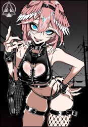Rule 34 | 1girl, absurdres, ass, belt, black hairband, black nails, black panties, black shirt, black shorts, black wrist cuffs, blue eyes, breasts, cleavage cutout, clothing cutout, collar, commentary, cowboy shot, crop top, detached sleeves, dizzle, english commentary, fangs, fingernails, fishnets, goth fashion, hairband, halterneck, hand on own hip, head wings, highres, hololive, jewelry, leaning forward, looking at viewer, medium breasts, micro shorts, nail polish, navel, open mouth, panties, pink hair, pink wings, power lines, ring, sharp fingernails, shirt, short hair, shorts, single sleeve, single thighhigh, skindentation, solo, spiked collar, spikes, standing, takane lui, teeth, thigh belt, thigh strap, thighhighs, underwear, virtual youtuber, wings, wrist cuffs