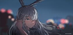 1girl animal_ears arknights artist_name blue_eyes blurry blurry_background evening frostnova_(arknights) long_hair night night_sky one_eye_covered rabbit_ears shadowking sky solo white_hair
