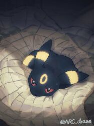 Rule 34 | animal focus, arc draws, gen 2 pokemon, glowing, highres, indoors, lying, nintendo, no humans, pokemon, pokemon (creature), red eyes, shadow, solo, twitter username, umbreon, watermark