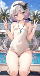 .live 1girl absurdres black_hair blue_ribbon blue_sky breasts butterfly_hair_ornament carro_pino closed_mouth cloud covered_navel day double_v gluteal_fold grey_hair hair_ornament hair_ribbon highres kneeling long_hair looking_at_viewer low_twintails one-piece_swimsuit outdoors pool purple_eyes ribbon sky small_breasts smile solo swimsuit sy4 thigh_gap twintails v very_long_hair virtual_youtuber wet wet_clothes wet_swimsuit whistle whistle_around_neck white_one-piece_swimsuit