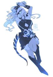 Rule 34 | 1girl, abyssal ship, arms up, blue theme, boots, breasts, commentary request, dress, full body, glowing, highres, horns, kantai collection, knee boots, large breasts, long hair, looking at viewer, monochrome, nail polish, ne-class heavy cruiser, oso (toolate), parted lips, simple background, single horn, sleeveless, sleeveless dress, solo, tail, torn clothes, twitter username