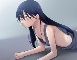 1girl bare_arms bare_shoulders blue_hair blush breasts closed_mouth commentary_request downblouse grey_background grey_tank_top gundam gundam_gquuuuuux hair_between_eyes long_hair nipples nyaan_(gundam_gquuuuuux) ogry_ching small_breasts solo tank_top upper_body wavy_mouth yellow_eyes