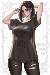 1girl alternate_costume arm_behind_head artist_name black_nails black_pants bootybear bra_strap braid breasts brown_shirt clothes_writing collarbone colored_sclera commentary cowboy_shot crown_braid curvy english_commentary english_text hair_behind_ear hand_up highres holding holding_own_hair large_breasts looking_at_viewer medium_hair multiple_braids nail_polish orange_eyes pants parted_bangs patreon_username red_sclera see-through_clothes see-through_shirt see-through_silhouette serana shirt short_sleeves solo the_elder_scrolls the_elder_scrolls_v:_skyrim thick_lips thighs torn_clothes torn_pants translucent variant_set