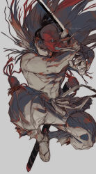1boy absurdres artist_name black_hair closed_mouth frown grey_background highres holding holding_sword holding_weapon japanese_clothes katana male_focus mask ninja pants piyomotsu prosthesis prosthetic_arm sandals sekiro sekiro:_shadows_die_twice short_hair simple_background solo straw_cape sword tengu_mask topless_male weapon