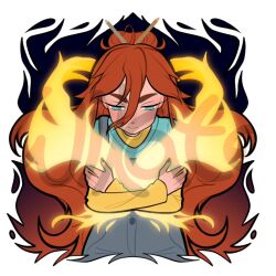1girl artist_name black_background black_nails bloom_(winx_club) blue_eyes blue_overalls blue_shirt border buttons closed_mouth commentary determined downturned_eyes english_commentary fire floating_hair gradient_background hair_between_eyes hair_bun layered_shirt layered_sleeves long_hair long_hair_between_eyes long_sleeves looking_at_self messy_hair nail_polish orange_hair outside_border overalls pencil pencil_in_hair pocket pyrokinesis red_background self_hug shirt short_over_long_sleeves short_sleeves single_hair_bun solo straight-on t-shirt thick_eyebrows upper_body very_long_hair watermark white_border wikate winx_club yellow_shirt