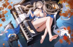 1girl absurdres azur_lane bare_legs bare_shoulders barefoot bird blue_bow blush bow branch breasts breasts_apart brown_hair chair cleavage collarbone commentary_request dress dress_bow falling_leaves feet formidable_(anniversary_memories)_(azur_lane) formidable_(azur_lane) full_body grand_piano hair_spread_out hand_up high_heels highres instrument large_breasts leaf legs legs_up light_particles long_hair long_legs looking_at_viewer lying maple_leaf official_alternate_costume on_back on_piano paid_reward_available piano reflection reflective_water shoes smile soles solo thighs toes twintails two-sided_dress two-sided_fabric unworn_shoes very_long_hair water white_dress white_shoes yijiufantexi