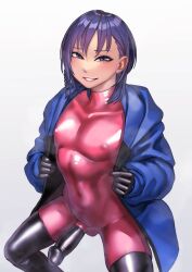 Rule 34 | 1boy, absurdres, black gloves, black thighhighs, blue eyes, bodysuit, covered erect nipples, covered navel, covered penis, erection, gloves, highres, jacket, kilye kairi, latex, latex bodysuit, looking at viewer, male focus, original, penis, pink bodysuit, purple hair, simple background, skin tight, skindentation, solo, squatting, thighhighs, trap