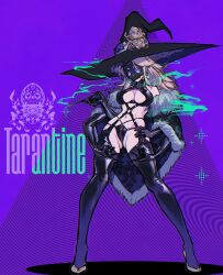 1girl arthropod_girl blonde_hair bondage_outfit boots breasts crotch_zipper earrings elbow_gloves extra_arms full_body garter_straps gloves hand_on_own_hip hat highres insect_girl jewelry kiseru long_hair mask medium_breasts navel original purple_background ryuu_tou shiny_clothes skull_mask smoke smoke_trail smoking_pipe solo spider_girl standing thigh_boots witch witch_hat