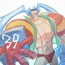Rule 34 | 1boy, 32soulll, blue hair, chinese commentary, commentary request, eyewear on head, franky (one piece), happy birthday, looking at viewer, male focus, mixed-language commentary, numbered, one piece, panties, red panties, sideburns, simple background, smile, solo, stitched torso, stitches, underwear, v-shaped eyebrows, white background