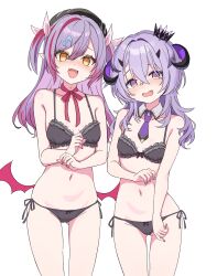 Rule 34 | 2girls, @ @, anon remu, beret, black bra, black hat, black horns, black panties, black ribbon, blush, bra, breasts, collar, cowboy shot, crown, curled horns, detached collar, embarrassed, fangs, four-pointed star, frilled bra, frills, hair between eyes, hair ornament, hat, heart, heart hair ornament, highres, horns, long hair, looking at viewer, low wings, mini crown, multicolored hair, multiple girls, nail polish, navel, necktie, nose blush, open mouth, panties, pink nails, pointy ears, purple eyes, purple hair, purple nails, purple necktie, red ribbon, red streaks, ribbon, side-tie panties, small breasts, standing, star (symbol), stomach, streaked hair, two side up, underwear, varium, virtual youtuber, white collar, wings, yamaoka remu, yellow eyes, youduki miruka
