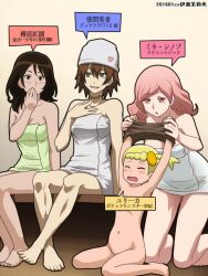 4girls :o awa barefoot bench blonde_hair blush_stickers bonnie_(pokemon) brown_hair brown_shirt character_request closed_eyes clothes_lift commentary_request copyright_request covering_own_mouth durarara!! hand_up harima_mika knees lifting_another&#039;s_clothes loli long_hair looking_down mole mole_under_eye multiple_girls naked_towel navel nintendo open_mouth pink_eyes pink_hair pokemon pokemon_(anime) pokemon_xy_(anime) shirt shirt_lift short_hair sitting smile toes towel translation_request