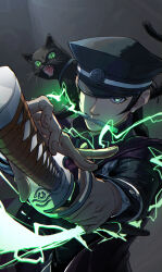 1boy absurdres black_cat black_hair black_hat cat devil_summoner:_raidou_kuzunoha_vs_the_soulless_army devil_summoner_(series) electricity gakubasan gouto grey_background grey_eyes hat highres holding holding_sword holding_weapon katana kuzunoha_raidou looking_at_viewer male_focus mouth_hold one_eye_covered peaked_cap short_hair sideburns solo sword upper_body weapon