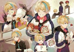 1girl 3boys ? ?? ^_^ absurdres amicia_michella among_us blonde_hair blue_eyes blue_hair book brown_hair burger closed_eyes collarbone commentary crewmate_(among_us) crown crying doll eating english_commentary food fur_trim grey_hair grey_shirt hair_behind_ear highres holding holding_book holding_crown holding_doll holding_food holding_pen holding_pillow jacket jewelry king_(vocaloid) male_focus miyu_ottavia multicolored_hair multiple_boys multiple_views necklace nijisanji nijisanji_id open_mouth pen pillow pink_hair rai_galilei red_(among_us) riksa_dhirendra shirt sleeveless sleeveless_shirt smile speech_bubble streaked_hair sweat v-shaped_eyebrows virtual_youtuber vocaloid white_jacket yakksan