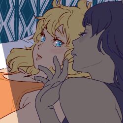 2girls 55bata6rou bare_shoulders blake_belladonna blonde_hair blue_eyes blue_hair highres long_hair looking_at_another lying multiple_girls on_back on_bed parted_lips profile rwby upper_body yang_xiao_long